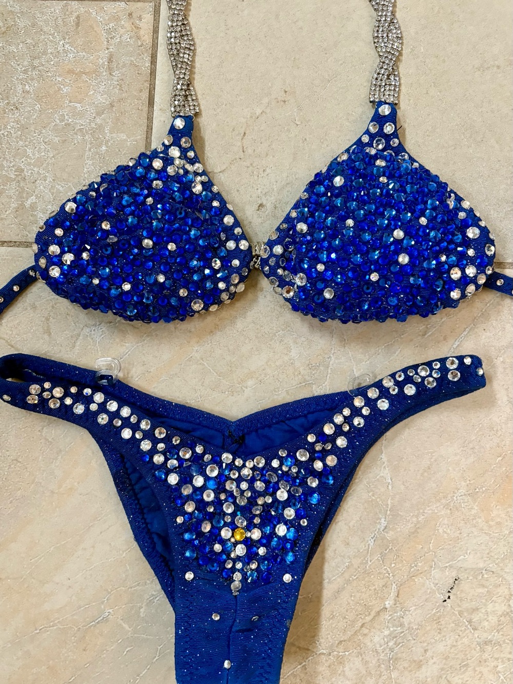 NPC/IFBB Figure/WPD Royal Blue Crystal Stage suit, w/extra stones XS/S